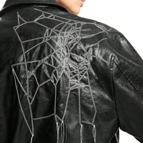 NEON BLANC Men's Black Halloween Spider Web Embroidery Leather Jacket