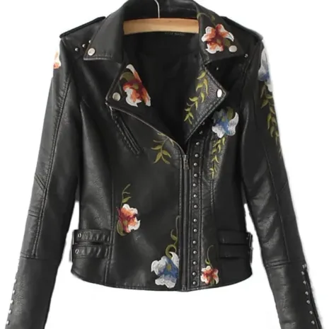 Floral Embroidery Women Faux Leather Jacket