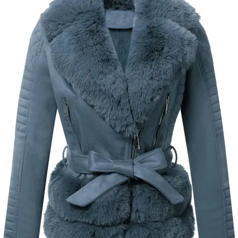 Women Faux Fur Detailing Suede Leather Jacket