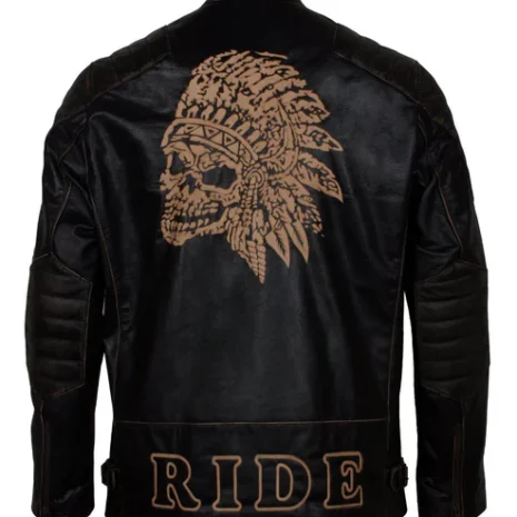 Men's Black Red Indian Skull Real Leather Biker Jacket